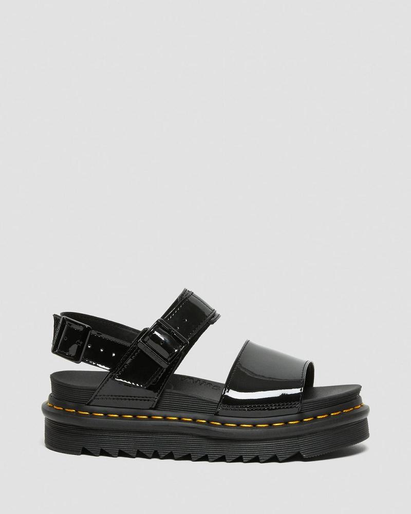 Dr Martens Voss Lak Læder Sandaler Med Rem Dame Sort | DK 330XYU